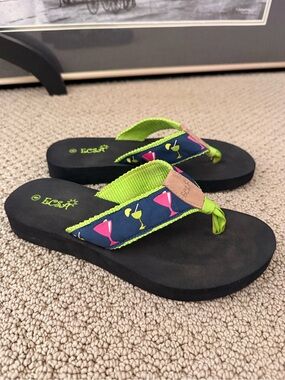 ECSA Cocktail Themed Green Pink Flip Flop Sandals with Soft Black Sole